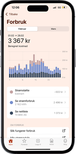 Skjermbilde av strømforbruk i Fjordkraft-appen
