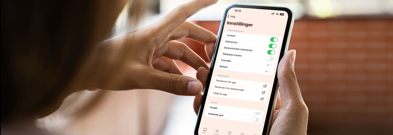 Skjermbilde av innstillinger i Fjordkraft-appen